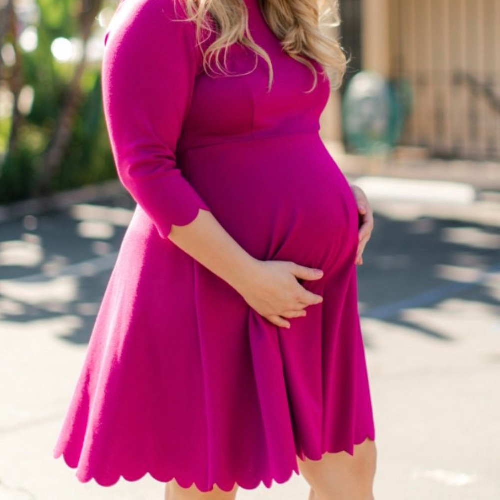 Magenta Solid Scalloped Hemline Maternity Dress